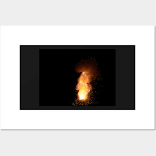 Realistic fiery explosion, orange color with sparks on a black background Posters and Art